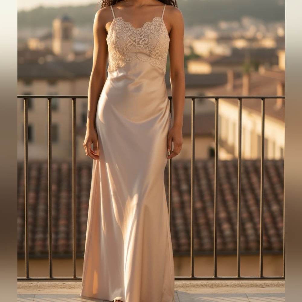 Rhinestone Strappy Shoulder Silver Satin Fit and Flare Maxi Slip Dress Sz S
